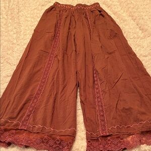 Free People Terracotta Wide-Leg Pants with Lace Trim